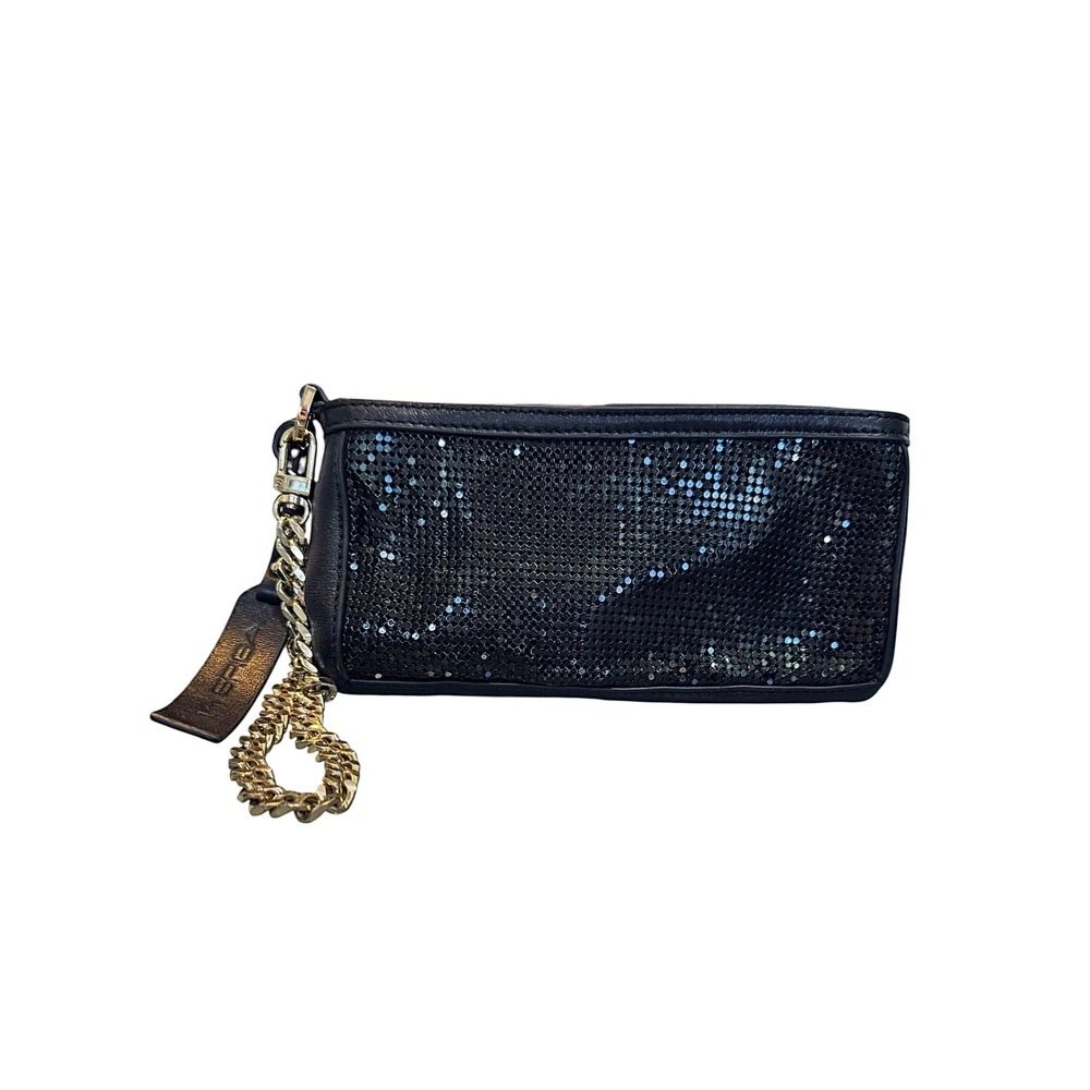 Via Spiga Black Leather Wristlet Metallic Mesh Sequin Gold Chain Clutch Bag